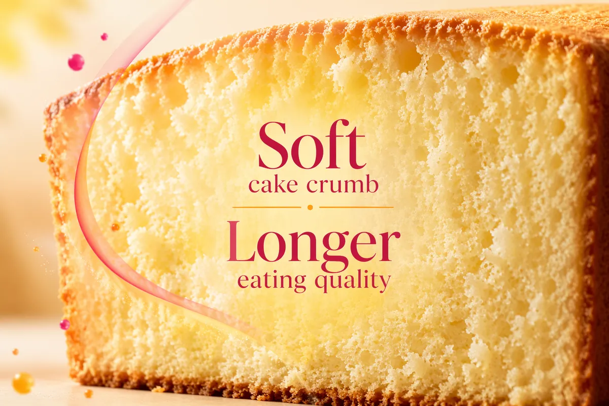 Close-up of a sliced sponge cake with an open, soft crumb, the texture cake improvers with maltogenic amylase aim to keep through shelf life