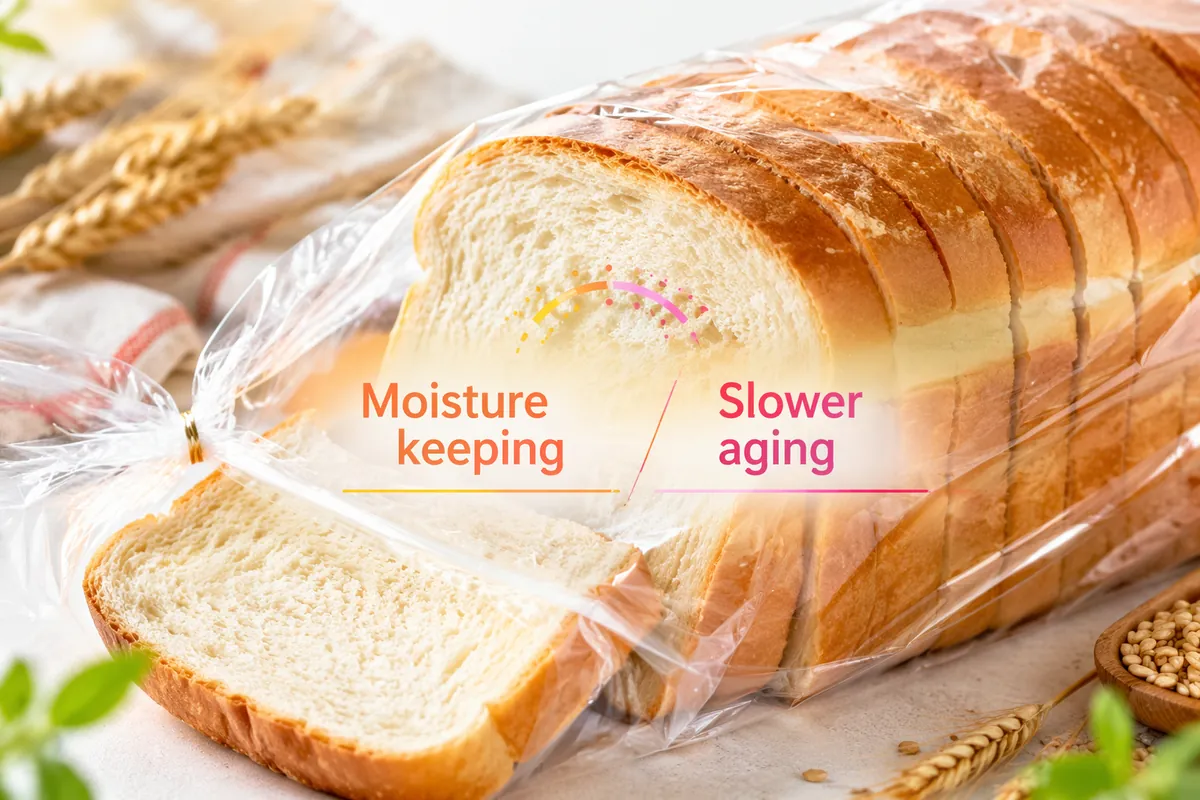 Sliced white sandwich loaf in a clear retail bag, the kind of packaged bread where maltogenic amylase is used to slow crumb firming